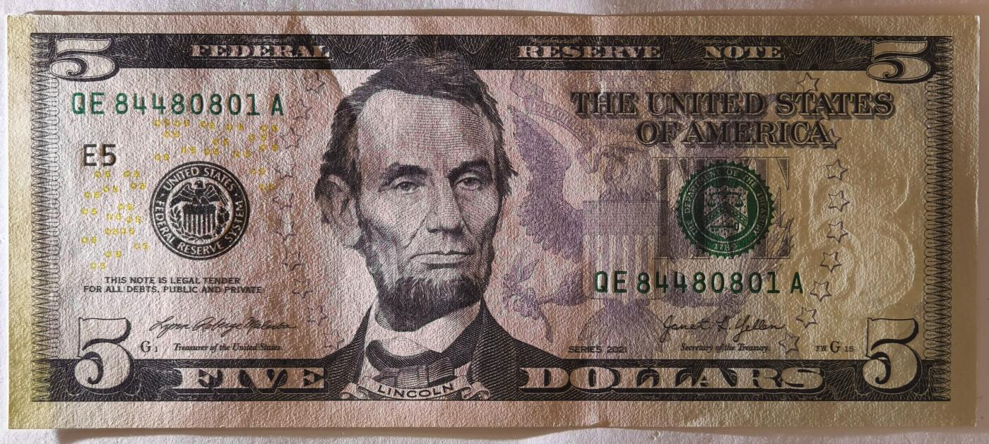 紫瑗钱币——第367期拍卖——纸币场 美国 2021年 E版 无序列 亚伯拉罕·林肯 5美元 彩色版 UNC