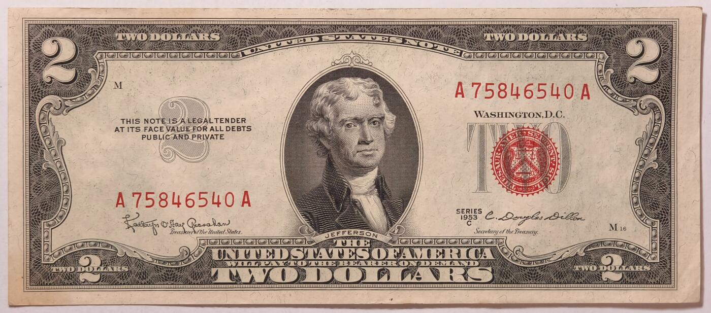 紫瑗钱币——第381期拍卖——纸币场 美国 1953年 C序列 托马斯·杰斐逊 2美元 红印 D政府券 UNC-