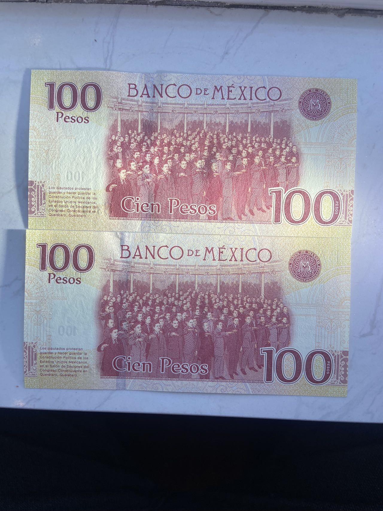【炜奕收藏】裸钞专场第八期 墨西哥宪法颁布100周年100元纪念钞2张一组，不同签名，unc品相