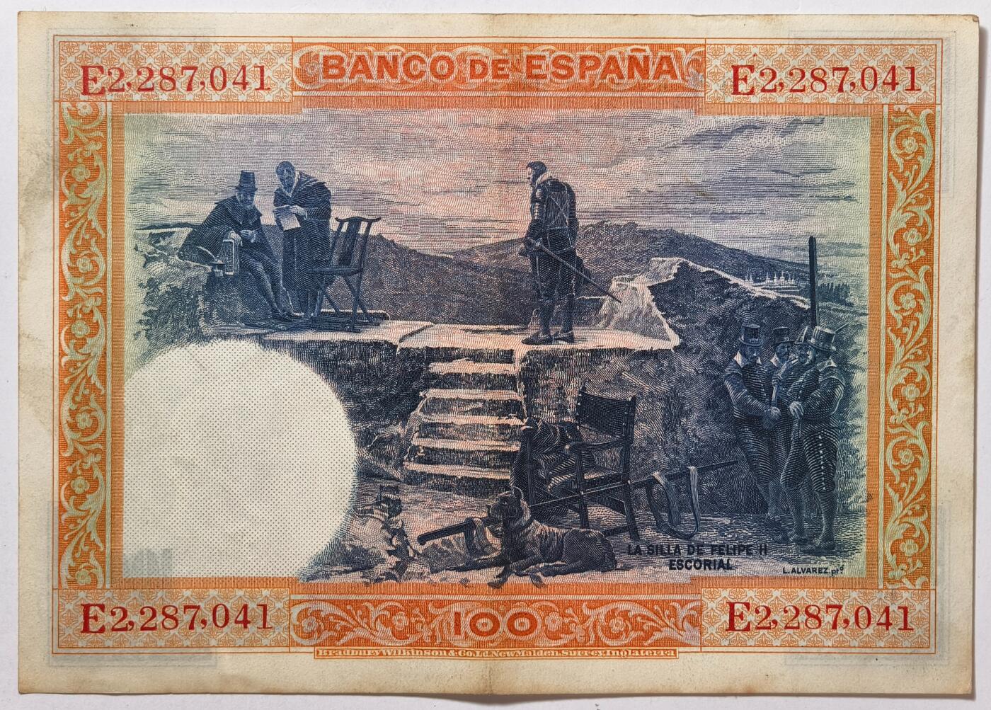 紫瑗钱币——第409期—纸币场 西班牙 1925年 油画《腓力二世的座椅》 100比塞塔 AU (P-69c)