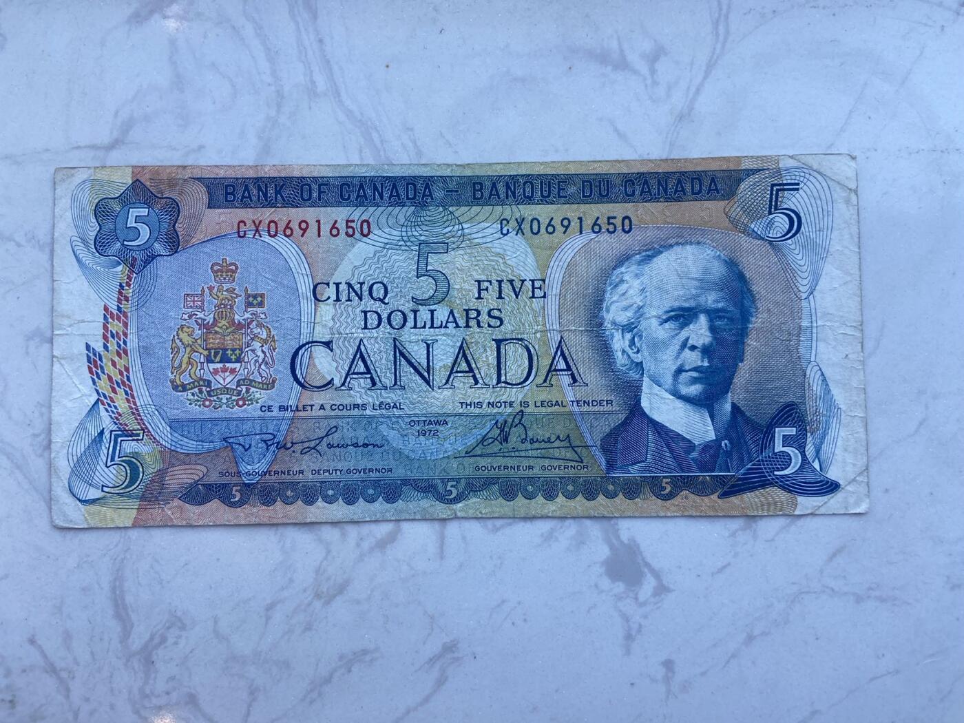 【炜奕收藏】裸钞专场第八期 1972年加拿大景版5元纸币，流通品相
