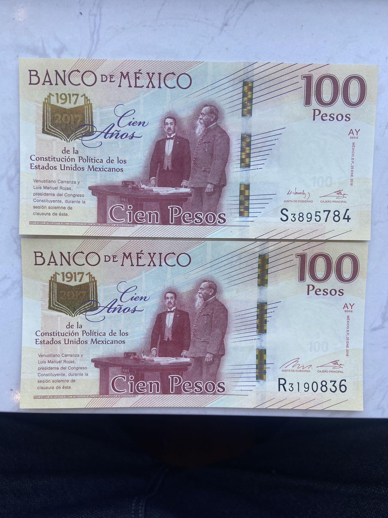 【炜奕收藏】裸钞专场第八期 墨西哥宪法颁布100周年100元纪念钞2张一组，不同签名，unc品相