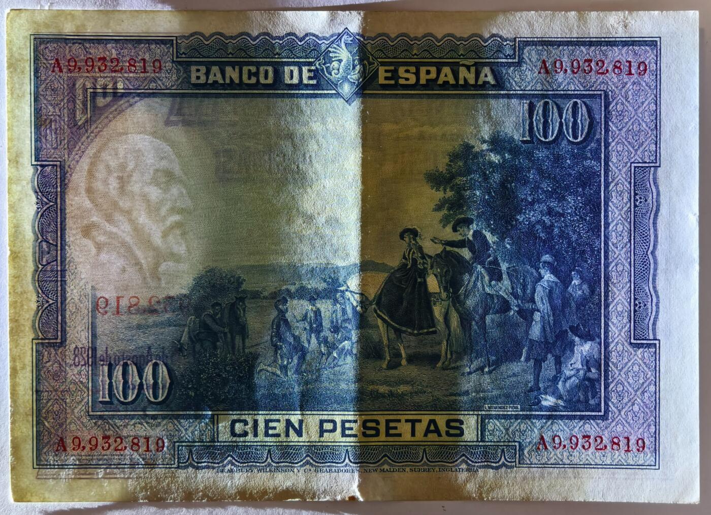 紫瑗钱币——第367期拍卖——纸币场 西班牙 1928年 中央银行 油画《唐吉坷德》 100比塞塔 AU