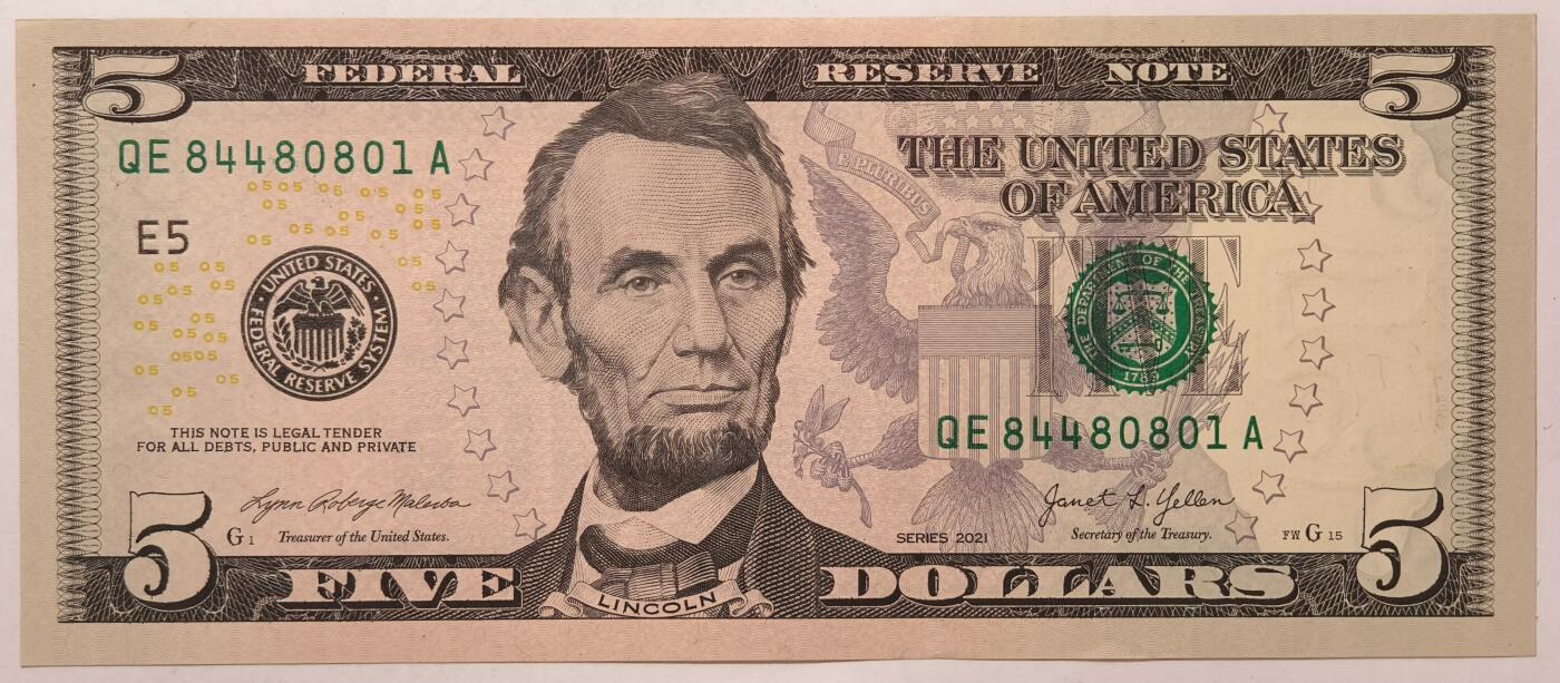 紫瑗钱币——第367期拍卖——纸币场 美国 2021年 E版 无序列 亚伯拉罕·林肯 5美元 彩色版 UNC