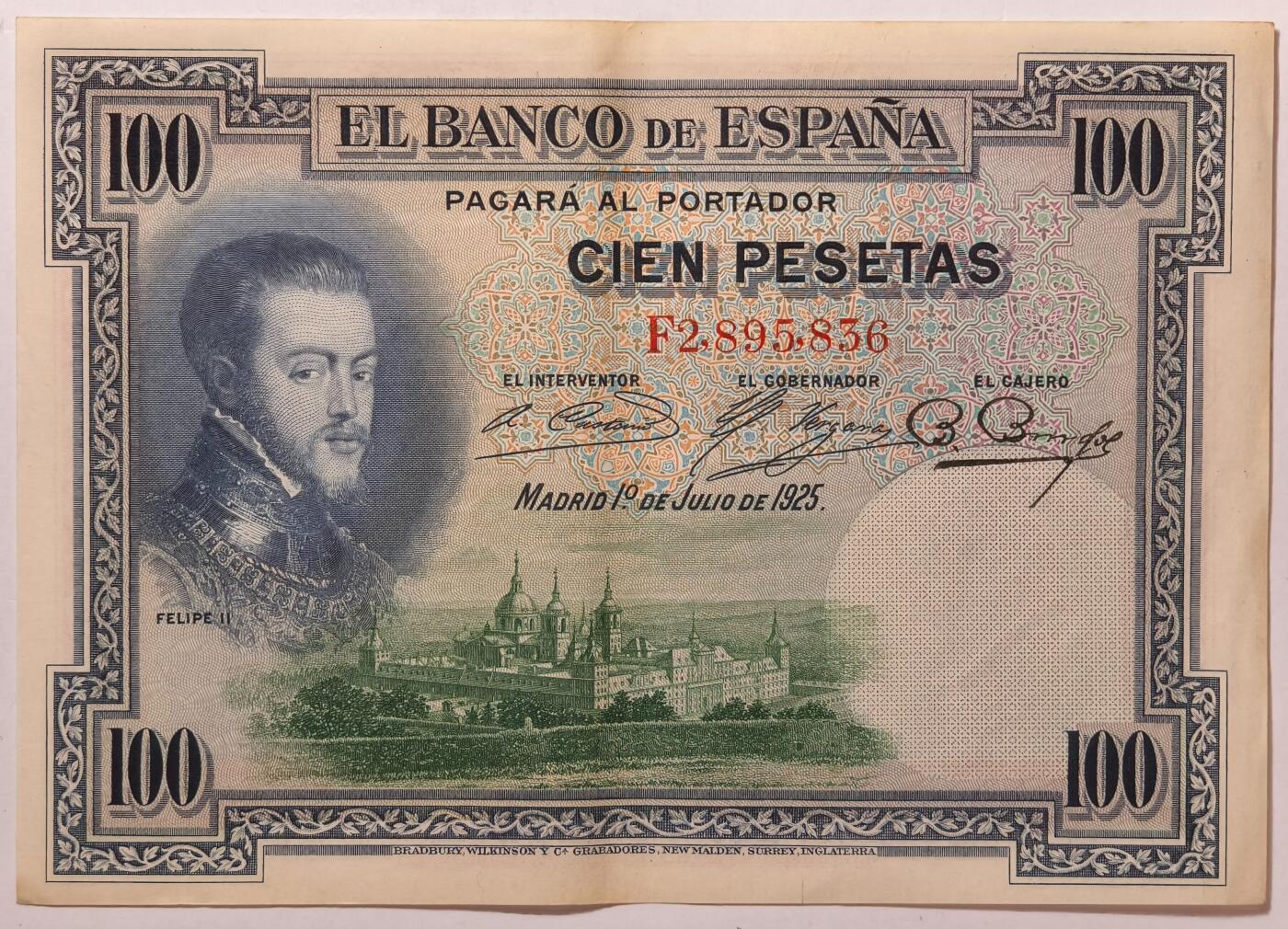 紫瑗钱币——第381期拍卖——纸币场 西班牙 1925年 油画《腓力二世的座椅》 100比塞塔 AU (P-69c)