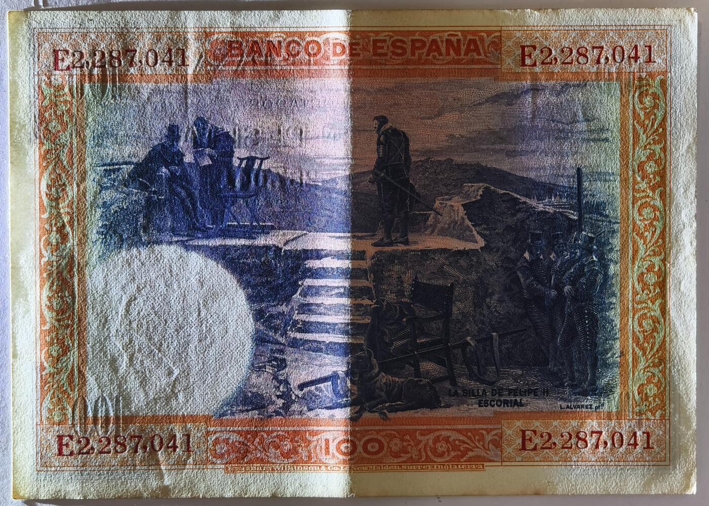 紫瑗钱币——第409期—纸币场 西班牙 1925年 油画《腓力二世的座椅》 100比塞塔 AU (P-69c)