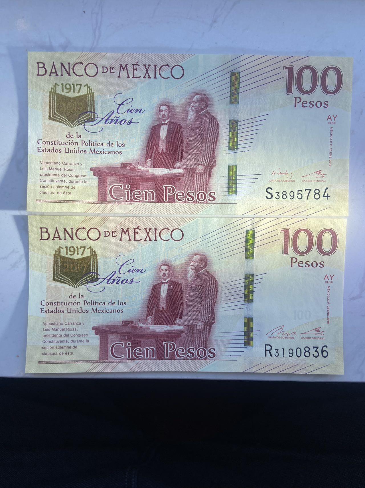 【炜奕收藏】裸钞专场第八期 墨西哥宪法颁布100周年100元纪念钞2张一组，不同签名，unc品相