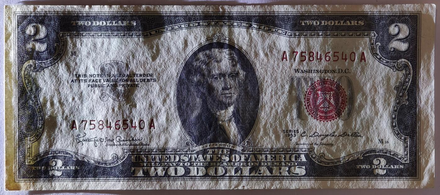 紫瑗钱币——第381期拍卖——纸币场 美国 1953年 C序列 托马斯·杰斐逊 2美元 红印 D政府券 UNC-