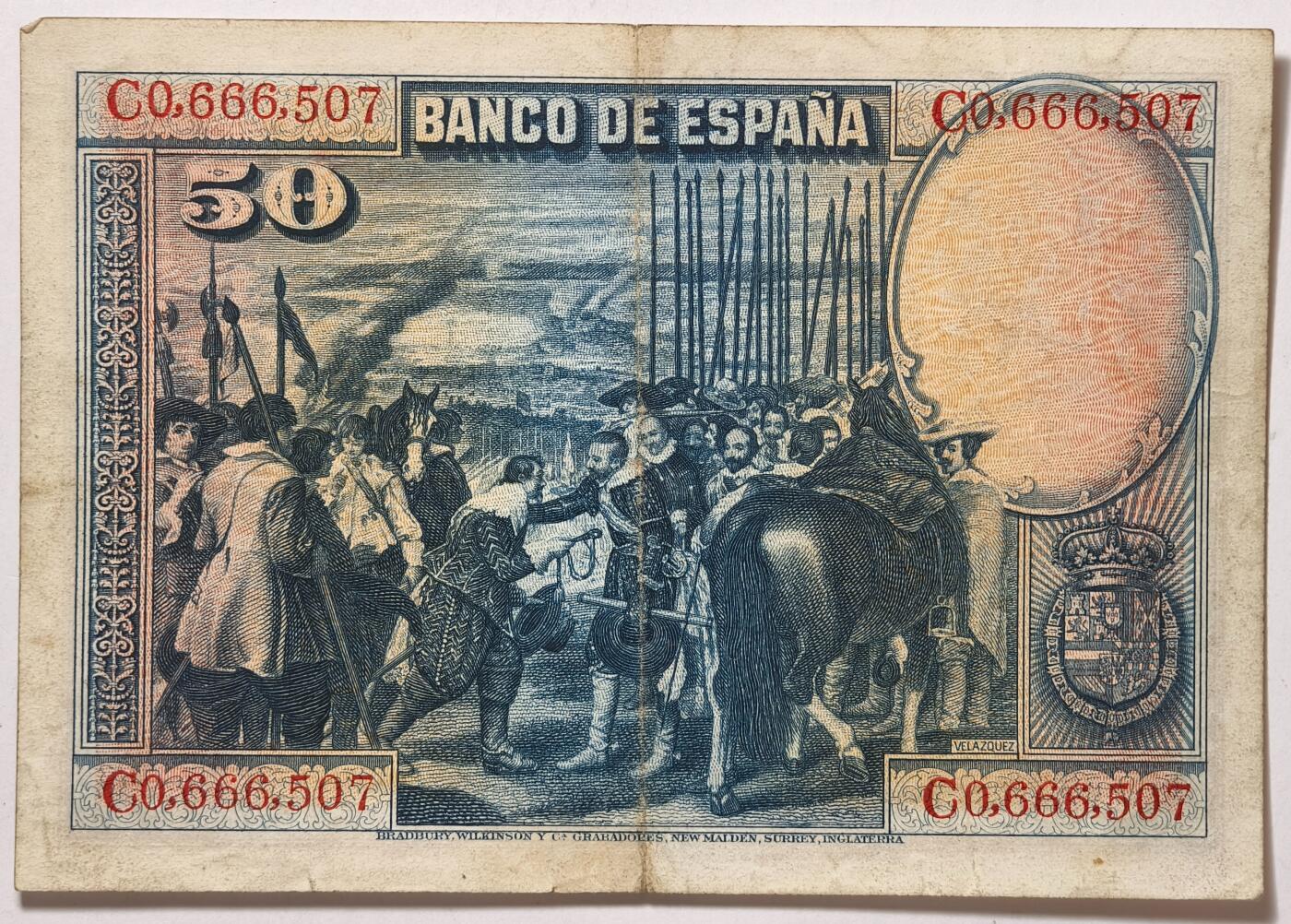 紫瑗钱币——第367期拍卖——纸币场 西班牙 1928年 油画《布雷达的献城》50比塞塔 AU