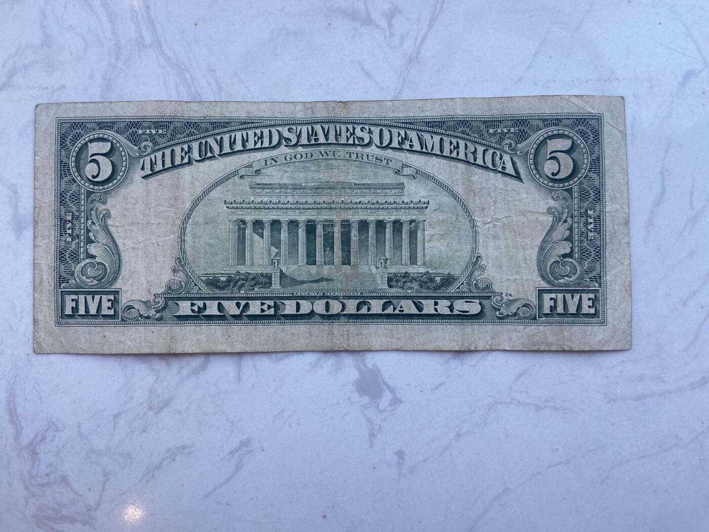 【炜奕收藏】裸钞专场第八期 1988年美国5元，小头版，流通品相