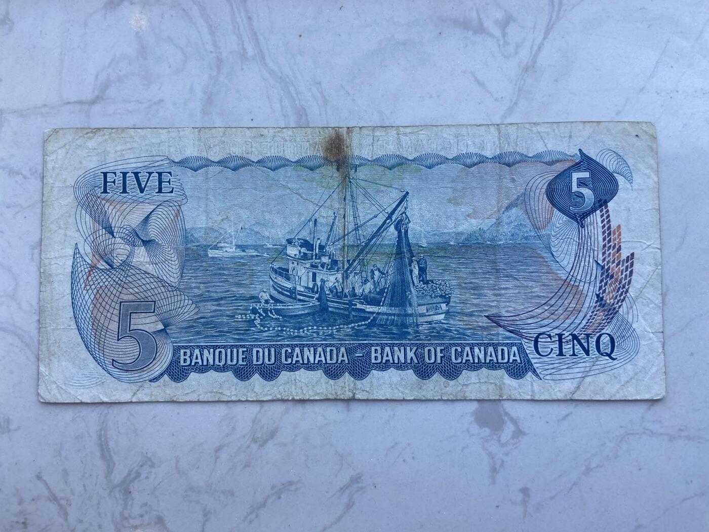 【炜奕收藏】裸钞专场第八期 1972年加拿大景版5元纸币，流通品相