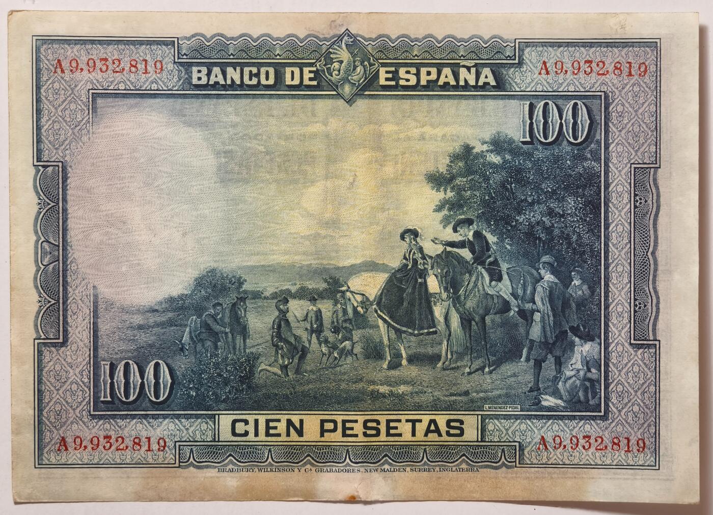 紫瑗钱币——第367期拍卖——纸币场 西班牙 1928年 中央银行 油画《唐吉坷德》 100比塞塔 AU