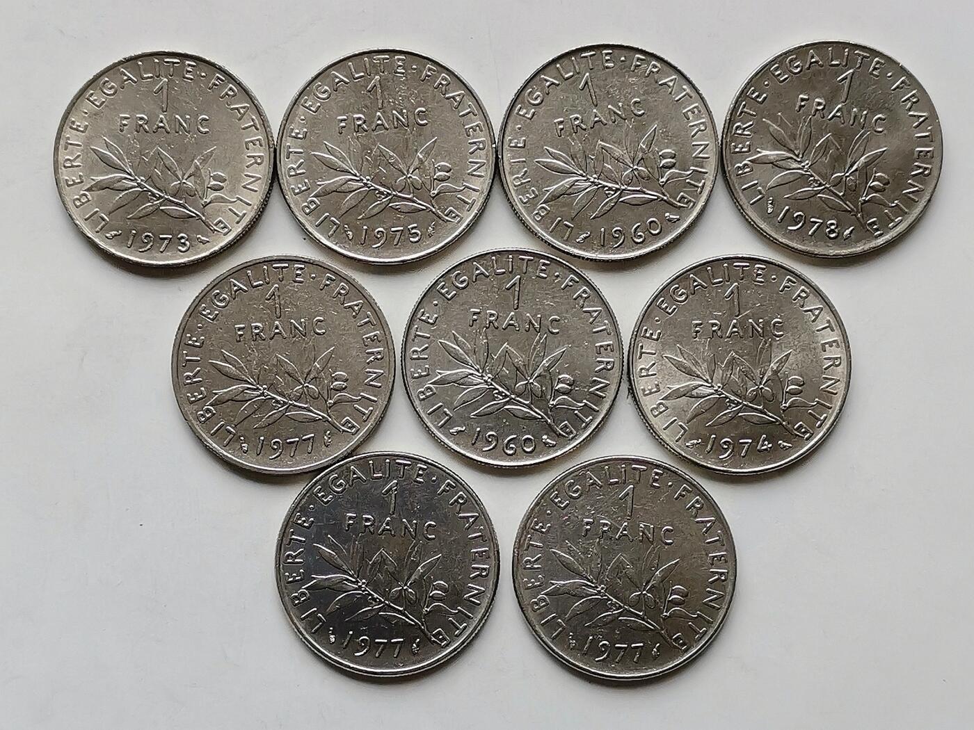 第一海外回流一元起拍收藏 散币专场 第97期 法国1法郎 9枚