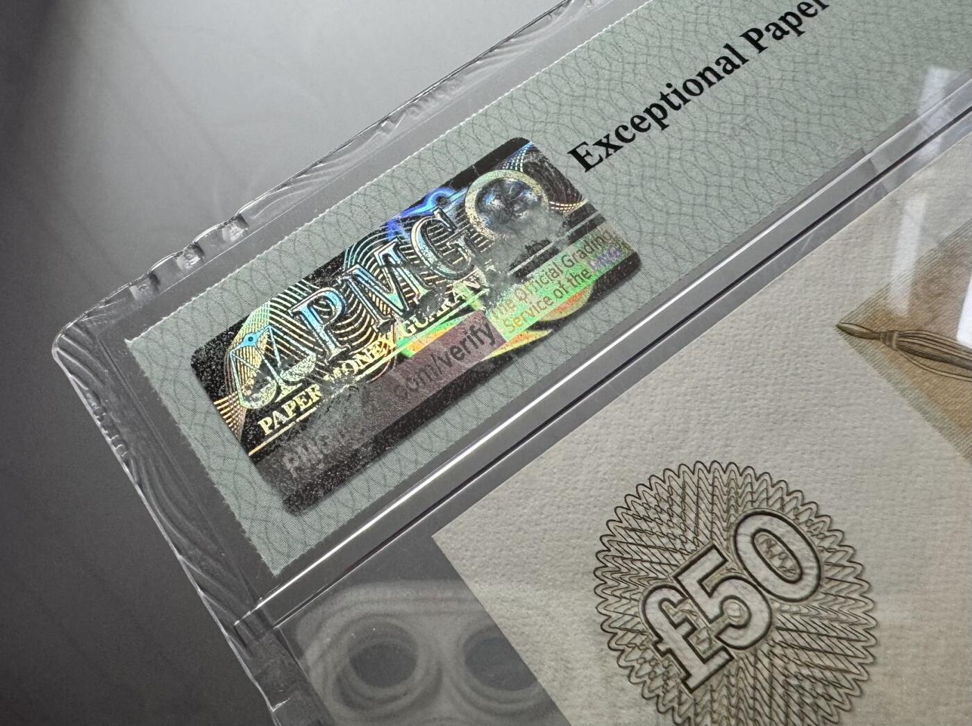 收藏联盟Quantum Auction 第355期拍卖  苏格兰克莱斯戴尔银行1989-92年50镑 PMG67  百位号 号码无3457朦胧号 经济学家史密斯 背标轻微脱落