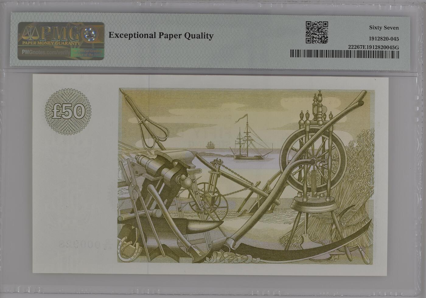 收藏联盟Quantum Auction 第355期拍卖  苏格兰克莱斯戴尔银行1989-92年50镑 PMG67  百位号 号码无3457朦胧号 经济学家史密斯 背标轻微脱落
