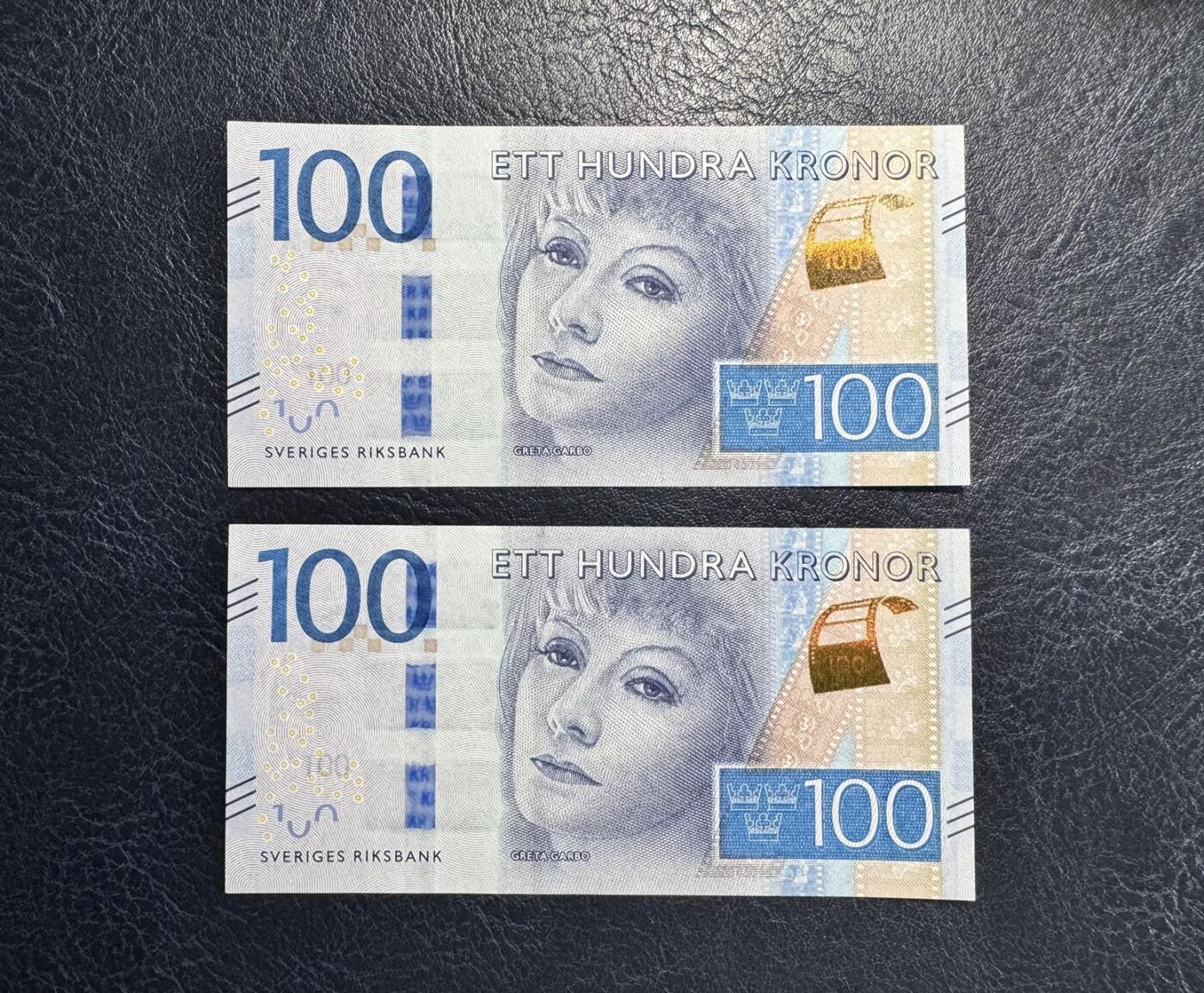 收藏联盟Quantum Auction 第355期拍卖  瑞典2016年100克朗两张 品相UNC 号码全程无4 女星葛泰丽.嘉宝