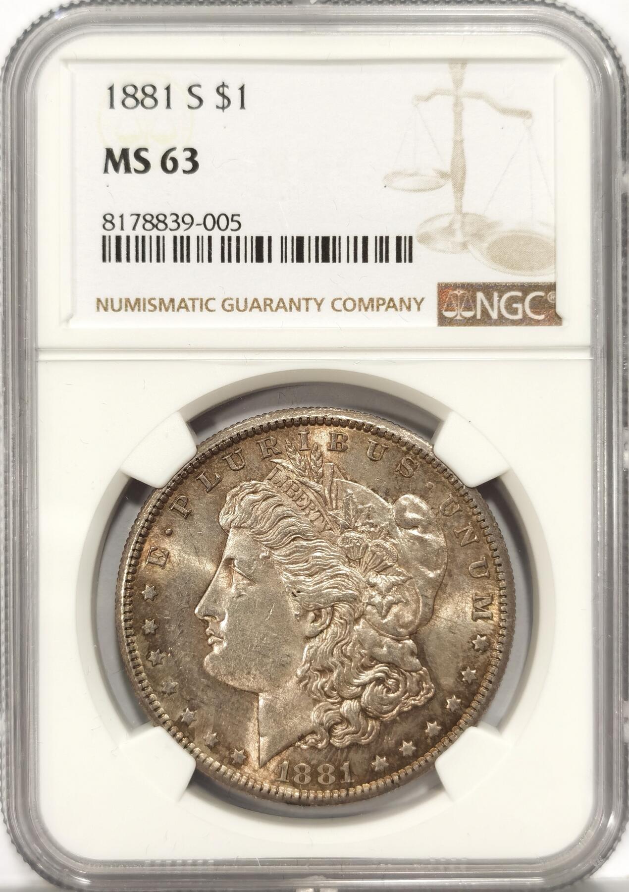 博洋堂世界钱币拍卖第082期（全场包邮） NGC MS63 美国1881年摩根银币 旧金山厂出品，略带黄油包浆自然氧化。背面略镜面。
