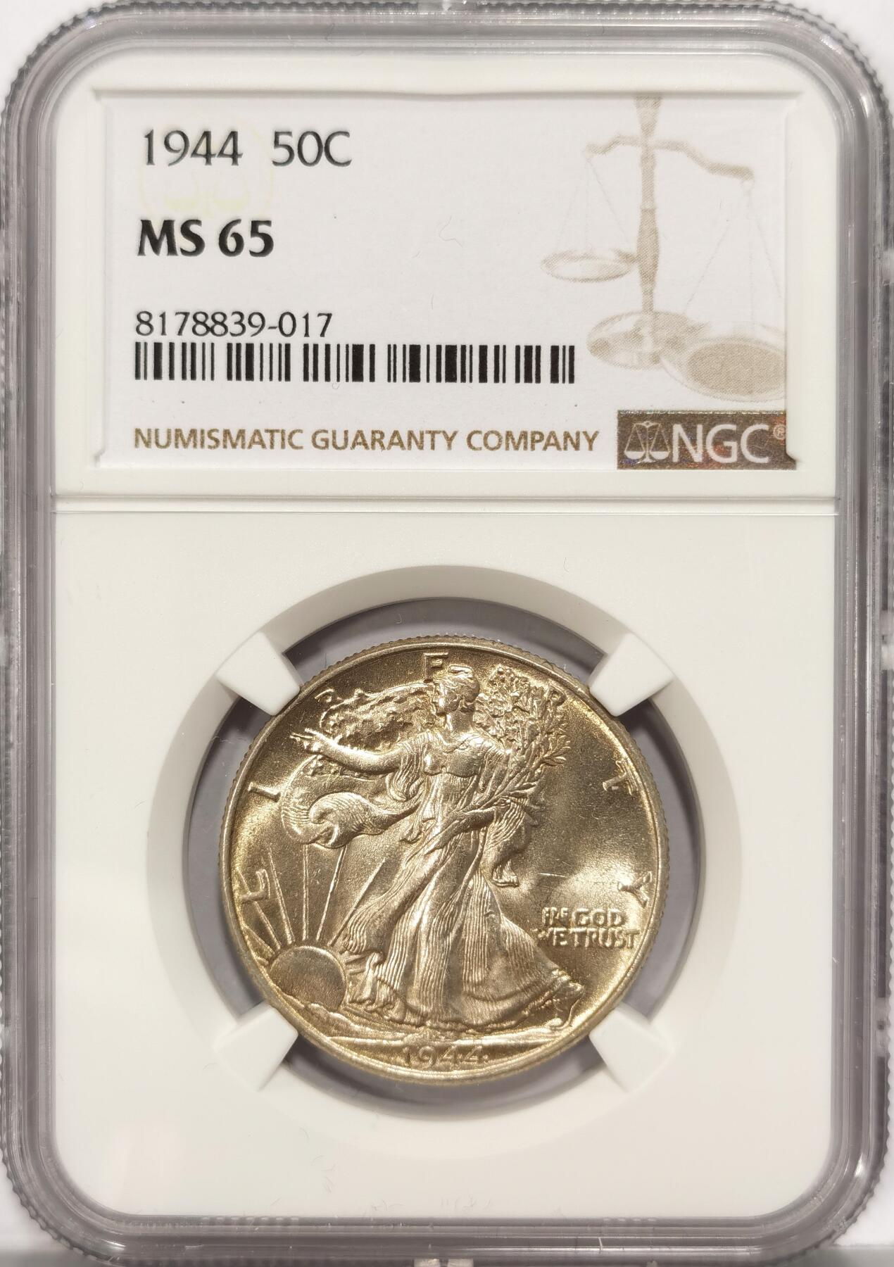 博洋堂世界钱币拍卖第082期（全场包邮） NGC MS65 美国1944年行走女神半圆银币，车轮光丝滑顺畅，币面无瑕，65分和64是一道门槛，足够收藏的品相