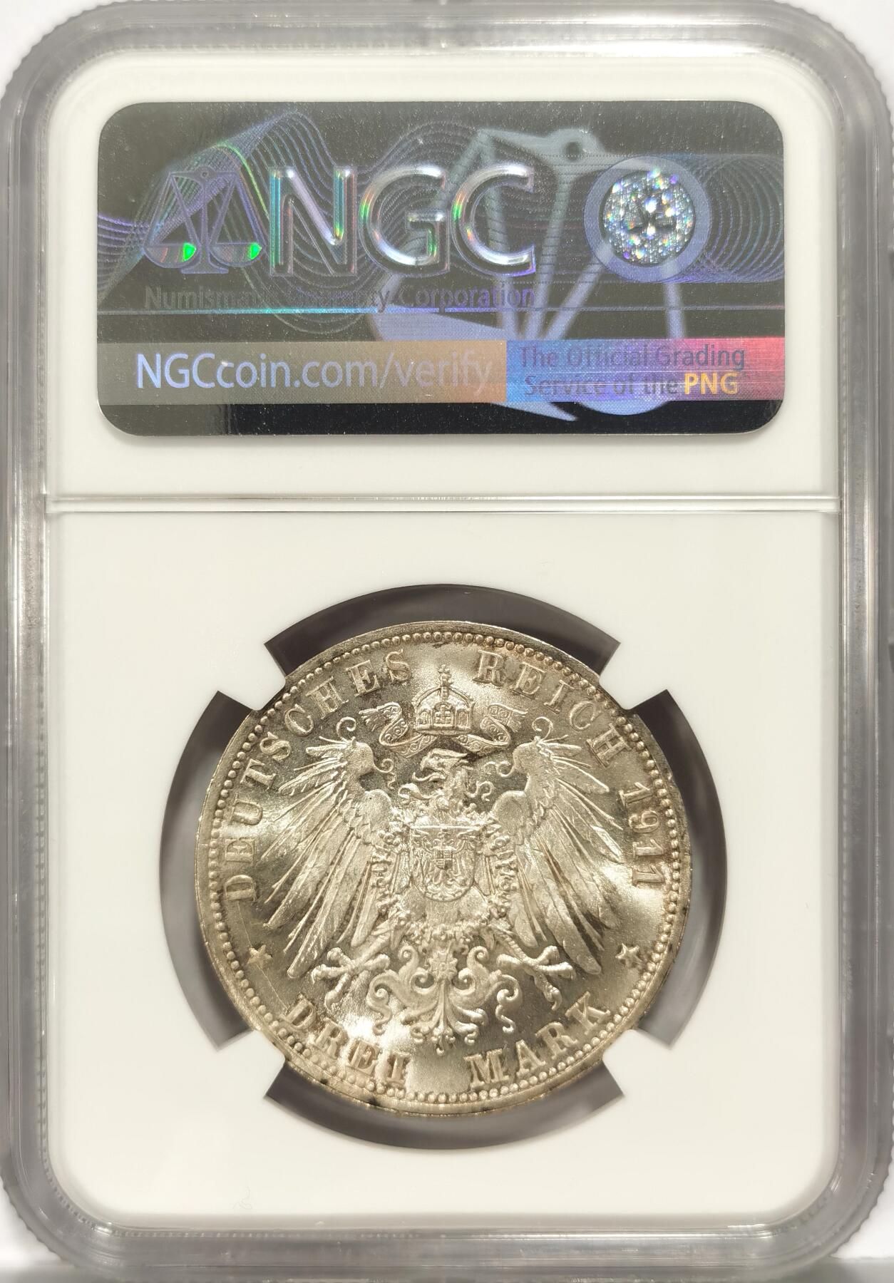 博洋堂世界钱币拍卖第082期（全场包邮） NGC MS65 符腾堡1911年银婚3马克银币 粉光低评