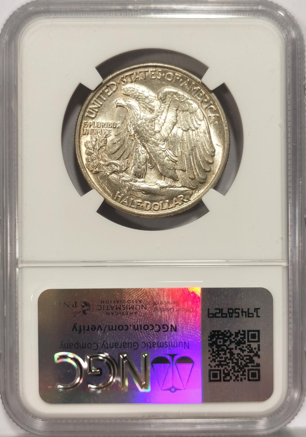 博洋堂世界钱币拍卖第082期（全场包邮） NGC MS65 美国1944年行走女神半圆银币，车轮光丝滑顺畅，币面无瑕，65分和64是一道门槛，足够收藏的品相