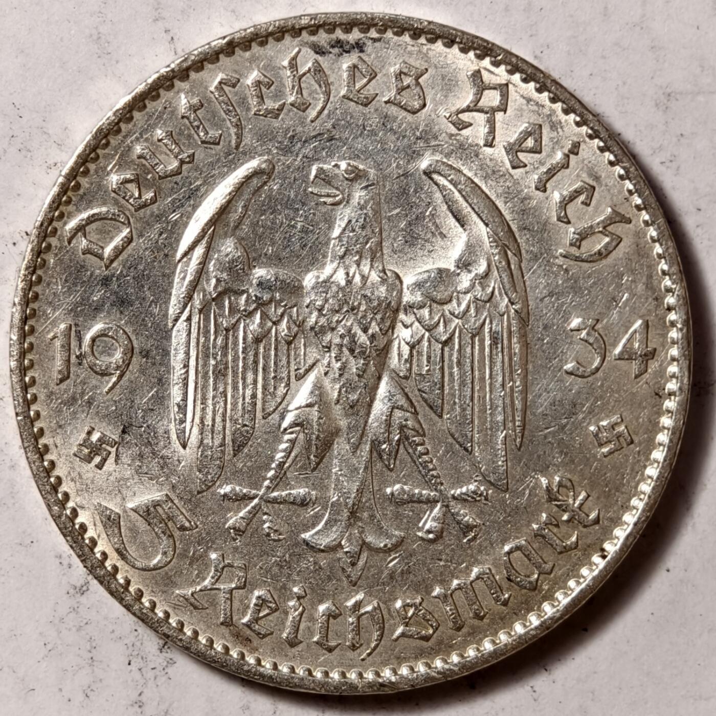 紫瑗钱币——第386期拍卖 德国 1934年 F版 执政1周年 波茨坦教堂 5马克 13.9克 0.9银 纪念币