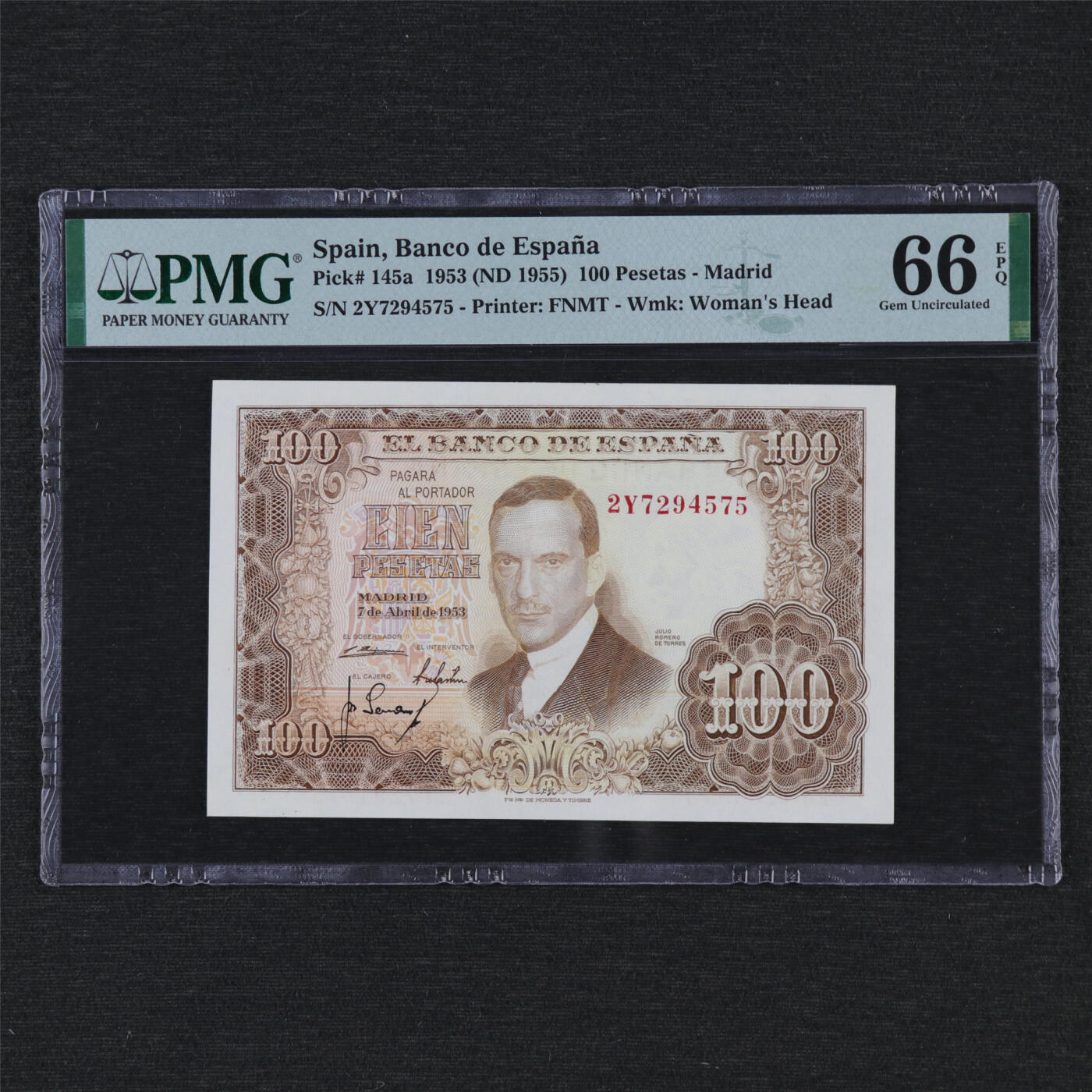 【亘邦集藏】第193期拍卖 1953年 西班牙100比塞塔 PMG 66EPQ 2Y7294575
