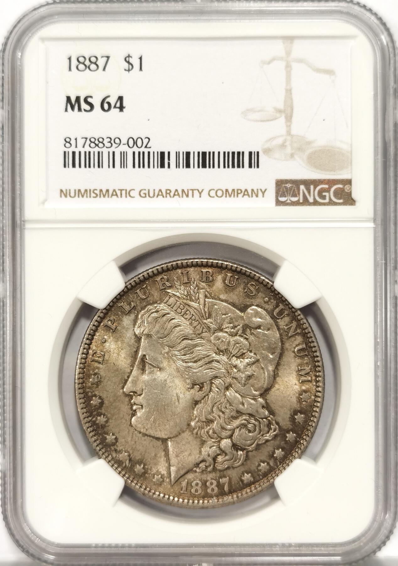 博洋堂世界钱币拍卖第082期（全场包邮） NGC MS64 美国1887年摩根银币1美元。双面浅灰包浆，若现五彩，底板车轮光完整，硬通货投资佳品