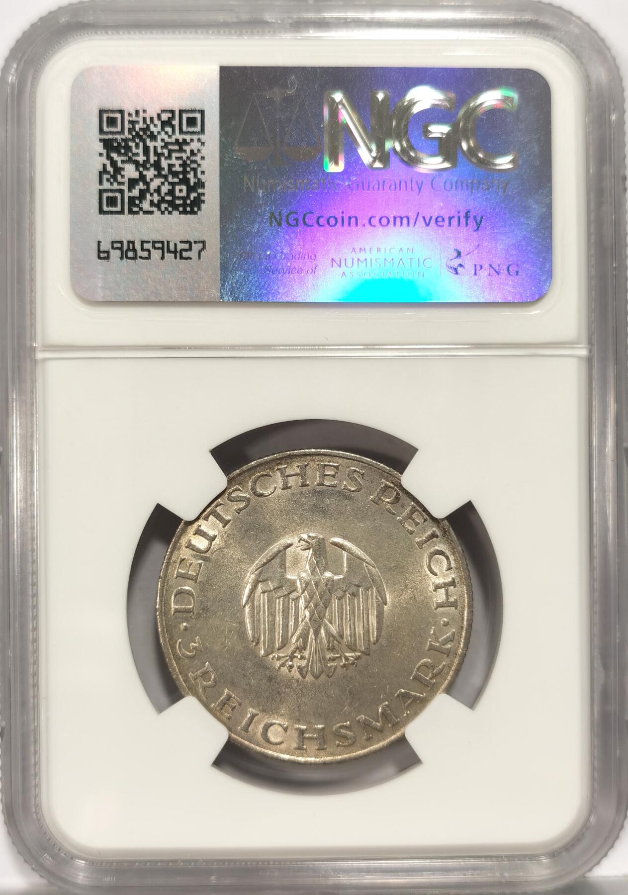 博洋堂世界钱币拍卖第082期（全场包邮） NGC MS61 德国1929A莱辛3马克银币，非常罕见的魏玛纪念系列筋币，币面干净无划痕，妥妥未流通品相