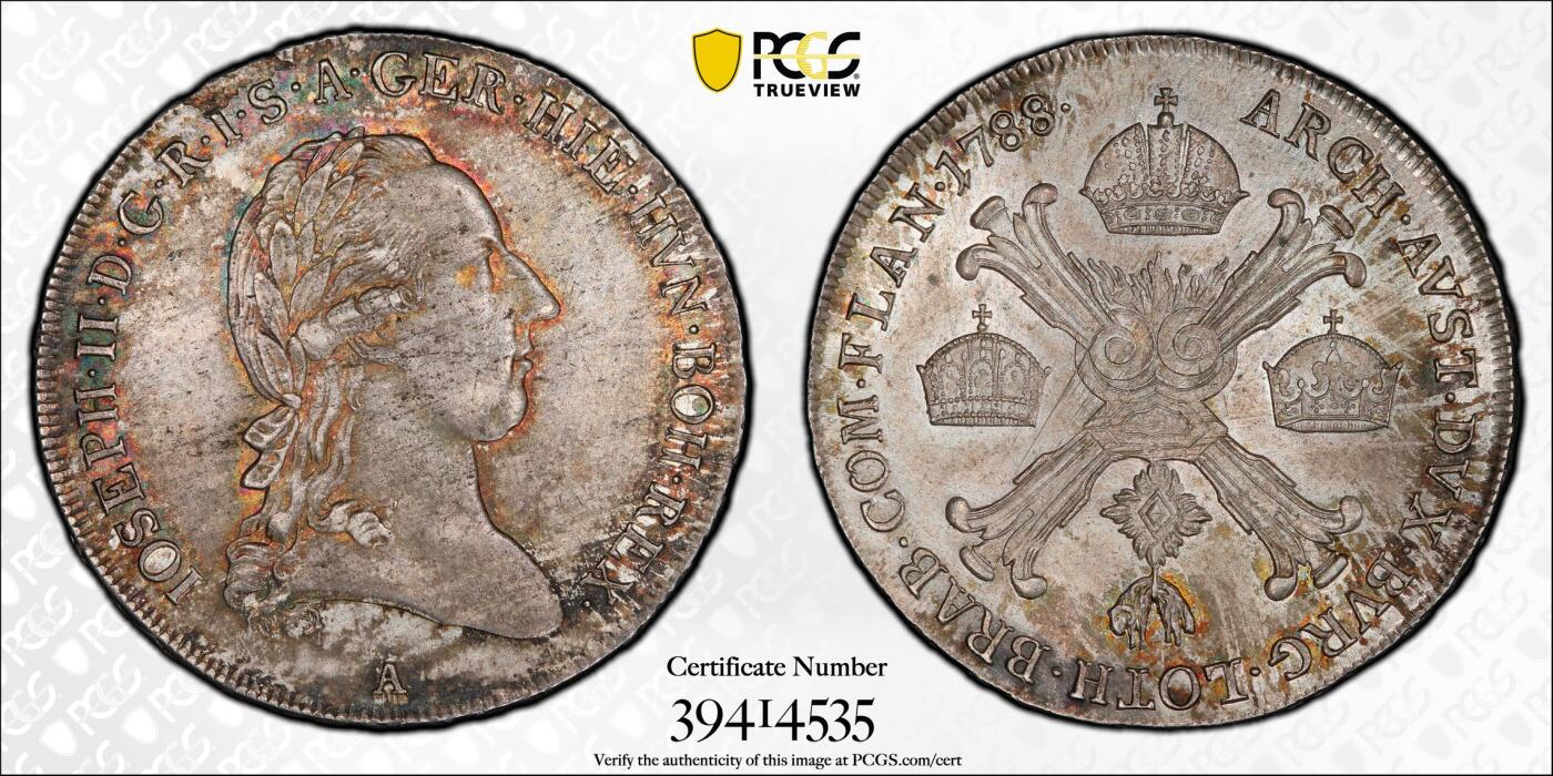 博洋堂世界钱币拍卖第082期（全场包邮） PCGS MS63 奥属尼德兰1788年约瑟夫二世皇冠权杖1/2泰勒 超级彩！PCGS 评级榜冠军分，唯一一枚