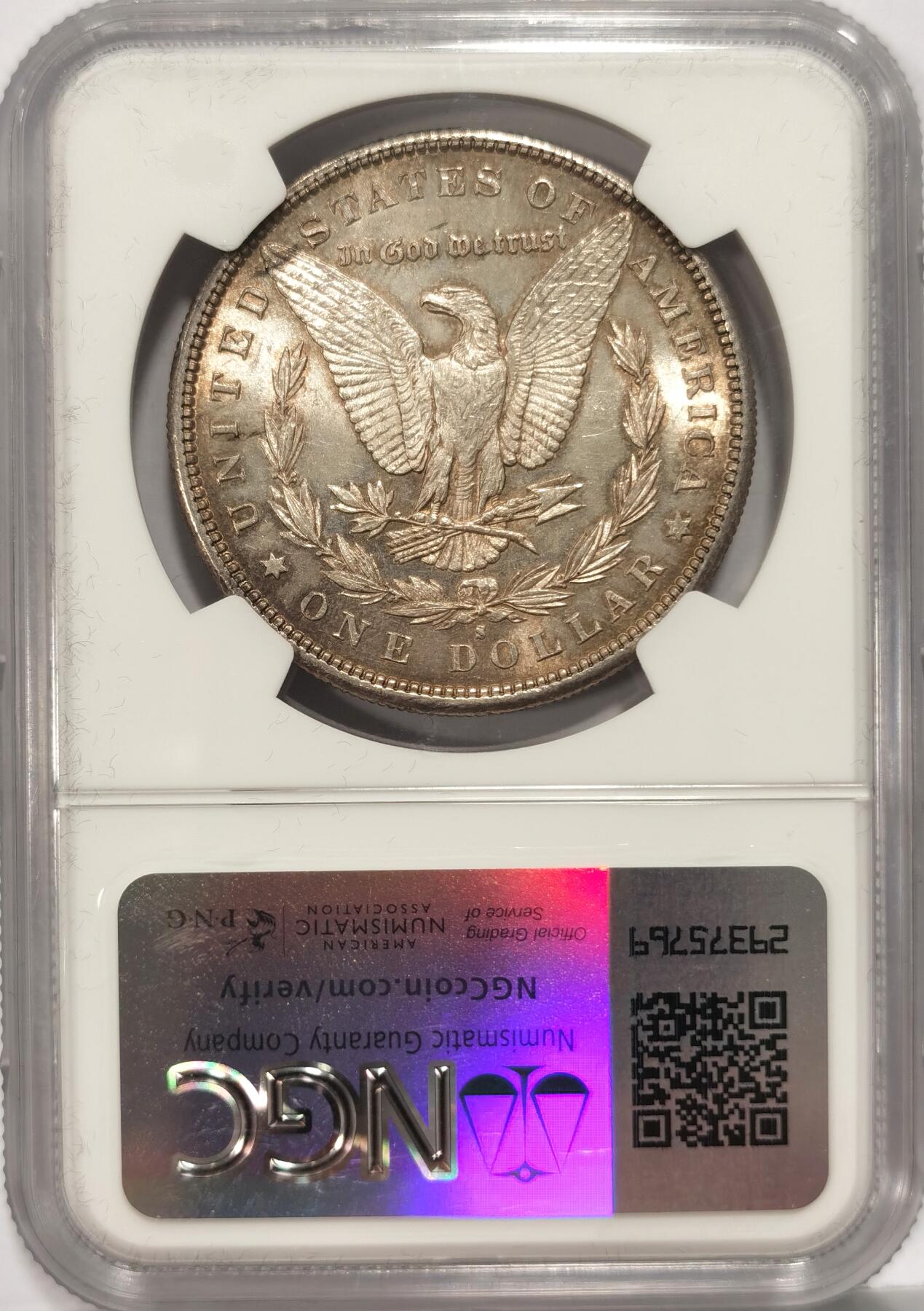 博洋堂世界钱币拍卖第082期（全场包邮） NGC MS63 美国1881年摩根银币 旧金山厂出品，略带黄油包浆自然氧化。背面略镜面。