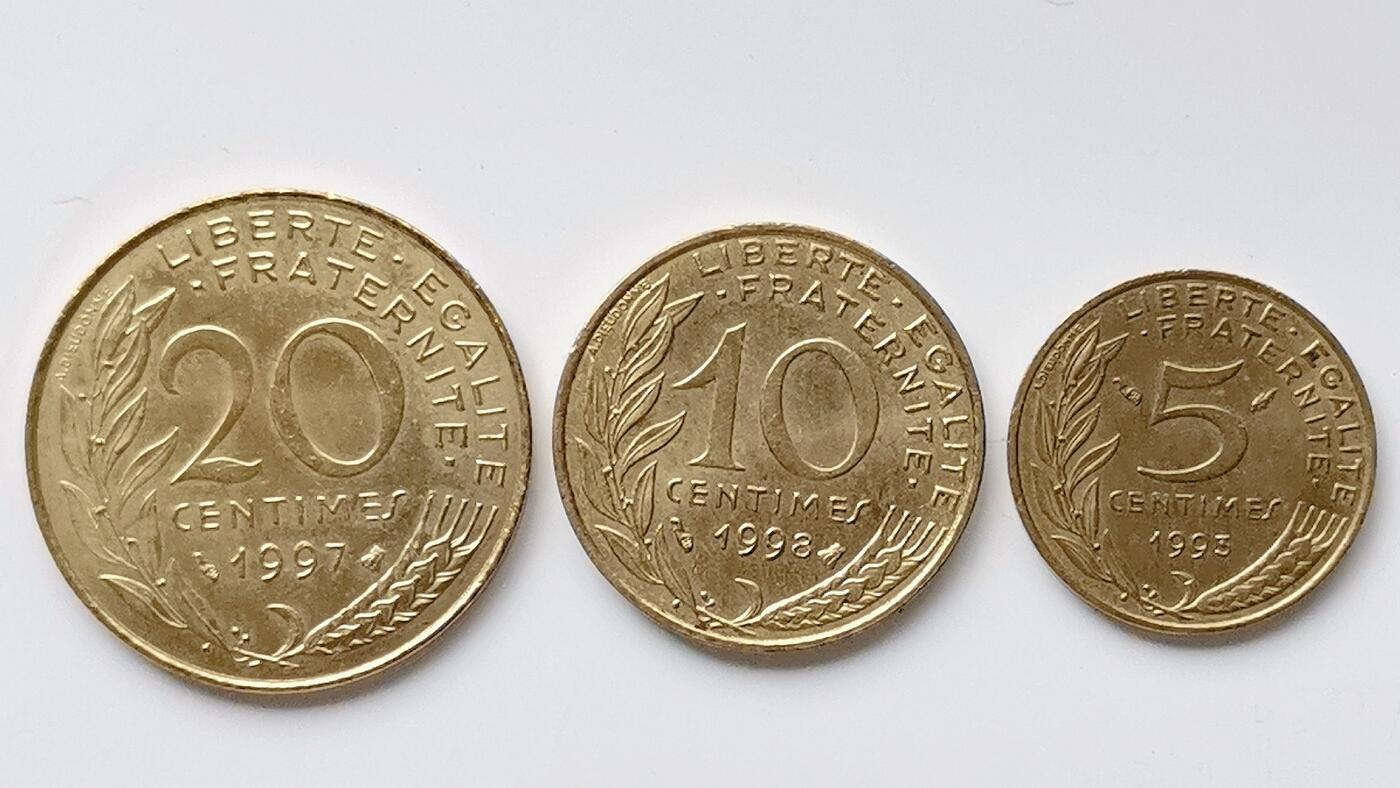 第一海外回流一元起拍收藏 散币专场 第98期 法国90年代5-20分青铜币3枚