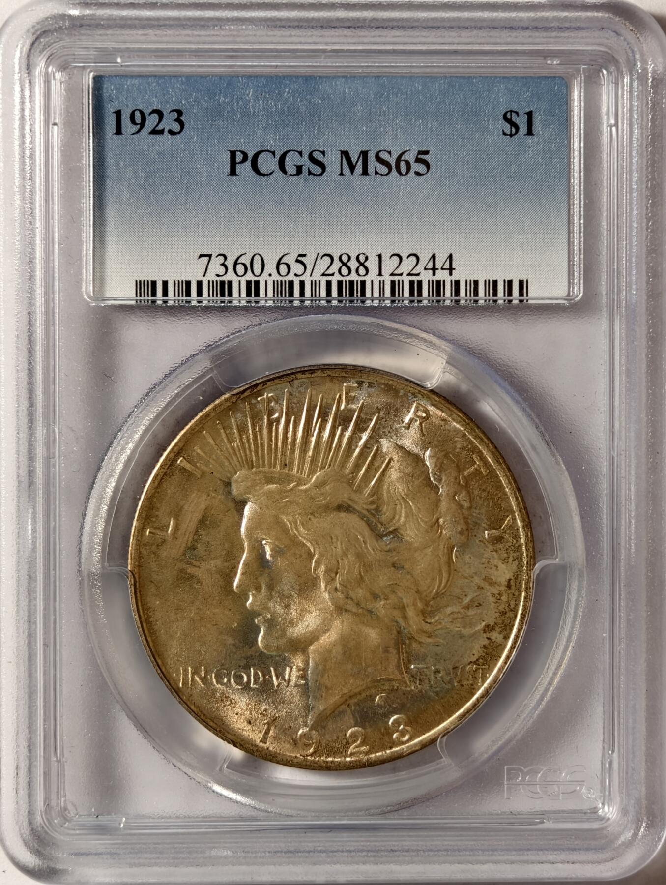 紫瑗钱币——第422期 美国 1923年 和平鸽 1美元 银币 PCGS MS65 老盒 65难度比摩根高 五彩
