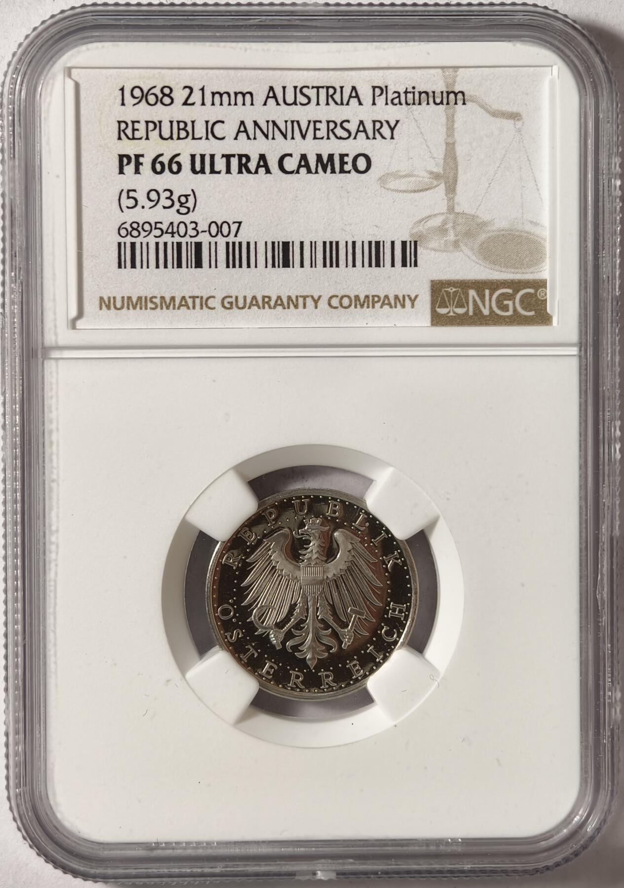 紫瑗钱币——第386期拍卖 奥地利 1968年 共和国成立50周年 纪念 铂金章 NGC PR66 UC Top pop 唯一评级记录
