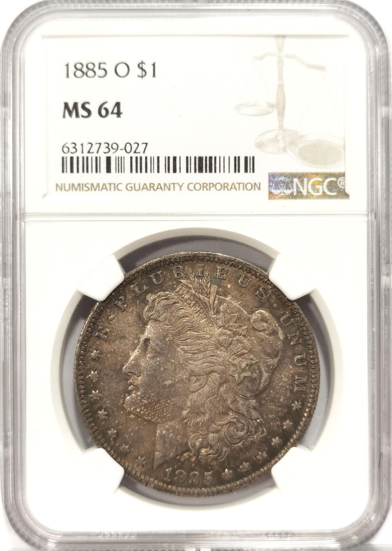 博洋堂世界钱币拍卖第082期（全场包邮） 1885年美国摩根银币O版NGC-MS64，原汁原味双面彩老包浆，包浆醇厚浓郁，打制精美