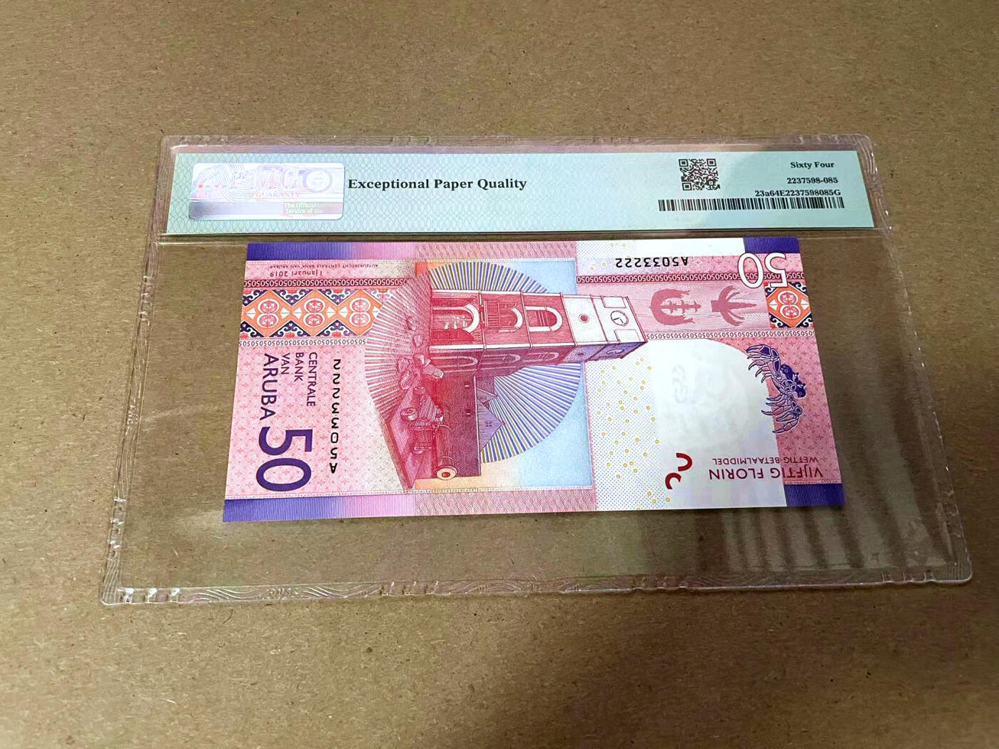 【Blue Auction】✨世界纸币精拍第495期【精】 【222豹子号无47】阿鲁巴 2019年50弗罗林  PMG64EPQ 