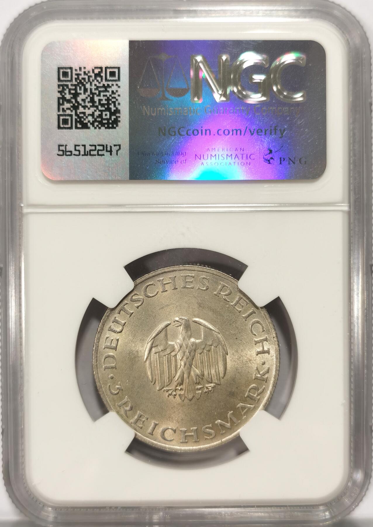 博洋堂世界钱币拍卖第082期（全场包邮） NGC MS63 德国魏玛共和国1929年莱辛3马克银币