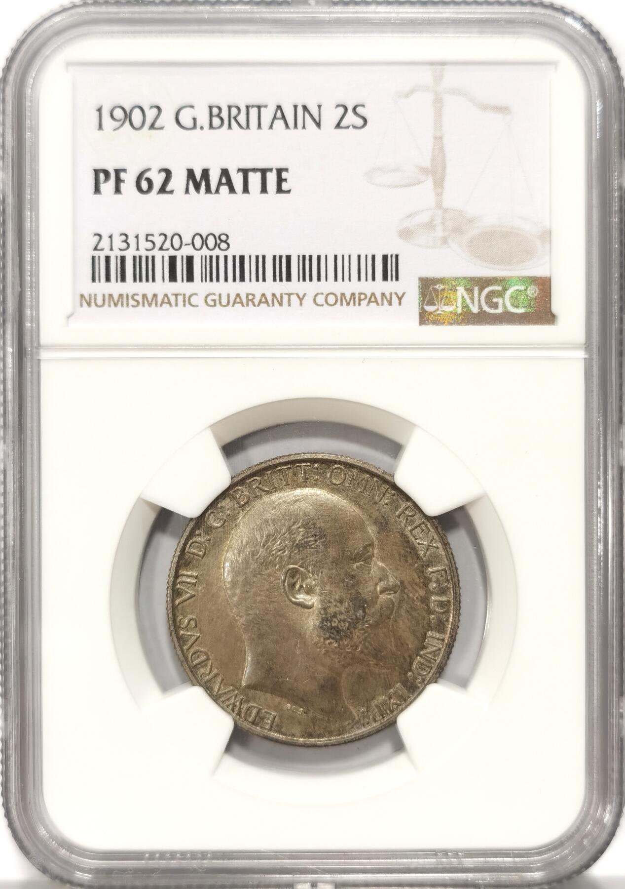 博洋堂世界钱币拍卖第082期（全场包邮） NGC PF62MATTE 1902年爱7磨砂精致海神弗洛林银币，完全低评的一枚，所见最梦幻的黑色五彩包浆，像暴雨来临前乌云密布时屹立在海中的海神，宛如油画一般的构图。