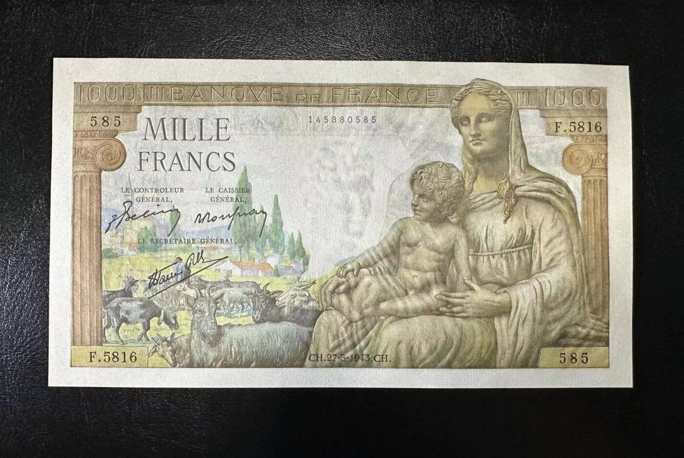 【Blue Auction】✨世界纸币精拍第495期【精】 【585小雷达号】法国 1943年1000法郎 UNC-针孔 大票幅 