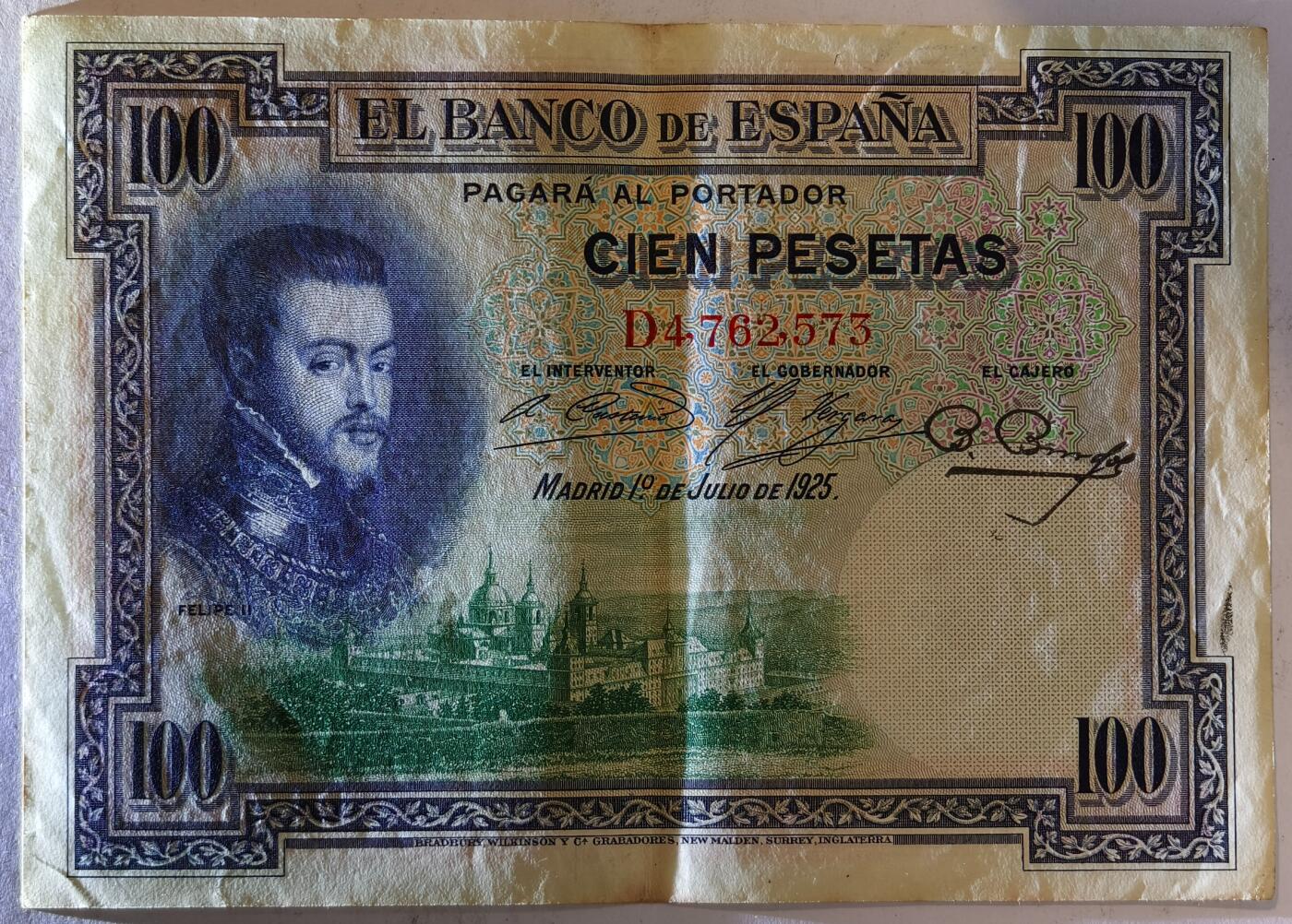 紫瑗钱币——第383期拍卖——纸币场 西班牙 1925年 油画《费利普二世的撤退》 100比塞塔 AU (P-69c)