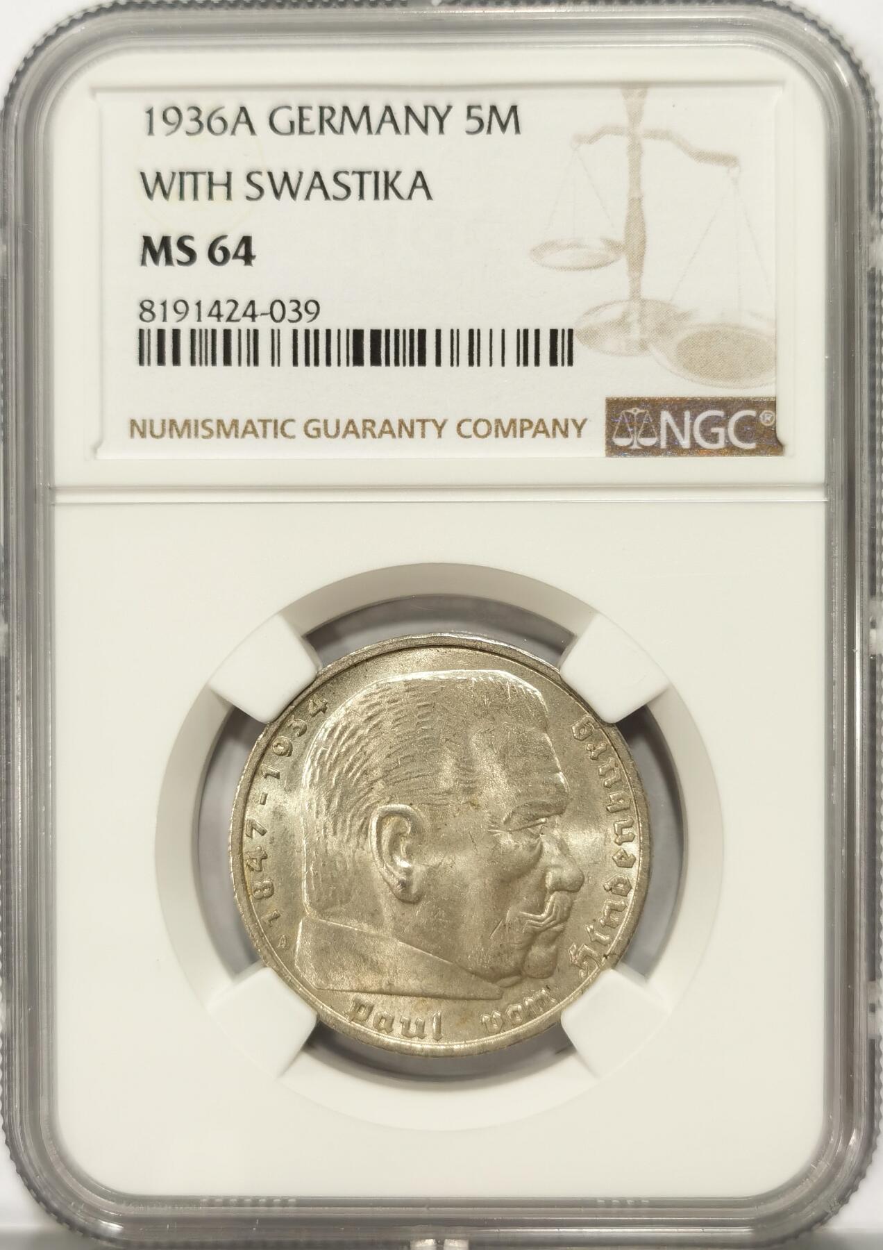 博洋堂世界钱币拍卖第082期（全场包邮） NGC MS64 德国第三帝国1936年A版兴登堡带字5马克银币