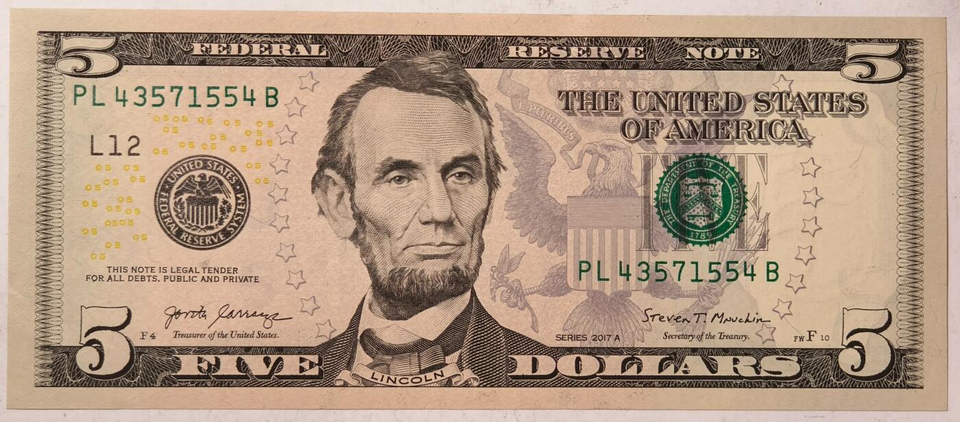 紫瑗钱币——第369期拍卖——纸币场 美国 2017年 L版 A序列 亚伯拉罕·林肯 5美元 彩色版 UNC