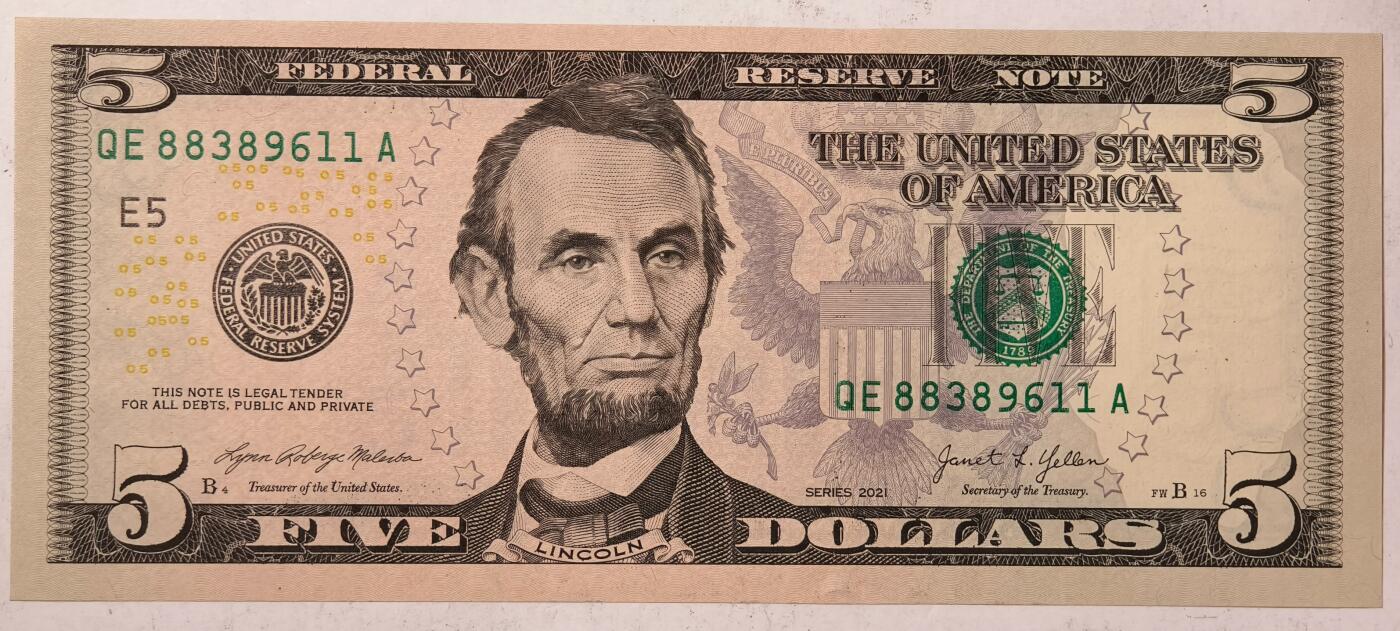 紫瑗钱币——第369期拍卖——纸币场 美国 2021年 E版 无序列 亚伯拉罕·林肯 5美元 彩色版 UNC