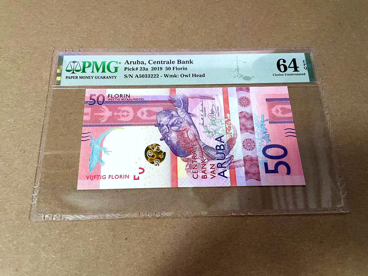 【Blue Auction】✨世界纸币精拍第495期【精】 【222豹子号无47】阿鲁巴 2019年50弗罗林  PMG64EPQ 