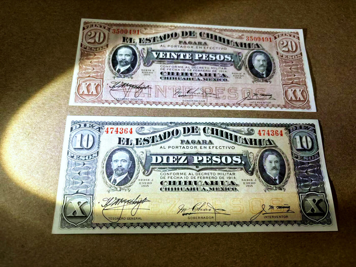【Blue Auction】✨世界纸币精拍第495期【精】 【一组2张】墨西哥 1915-16年10-20比索 UNC（角不太好）