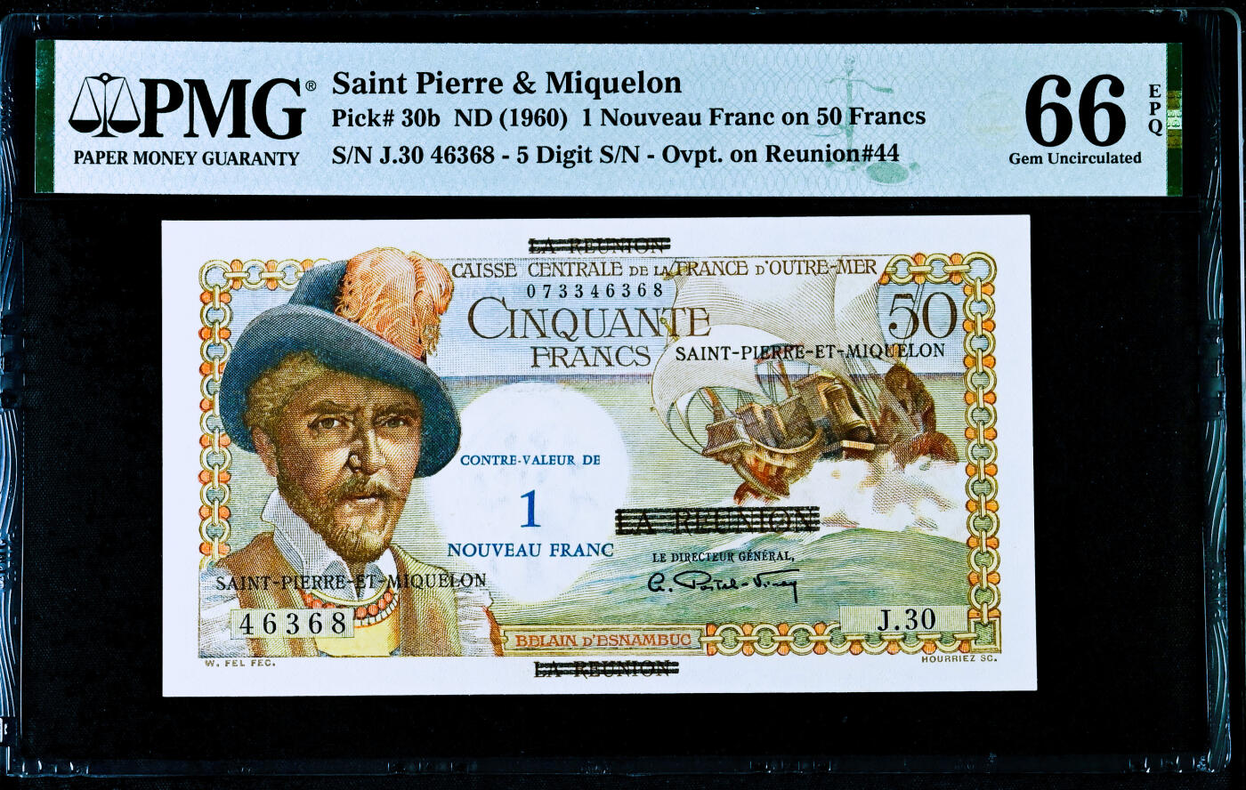 【Blue Auction】✨世界纸币精拍第495期【精】  圣皮埃尔和密克隆 1960年1新法郎=50法郎 经典白奶球 PMG66EPQ 设计精美 法属风