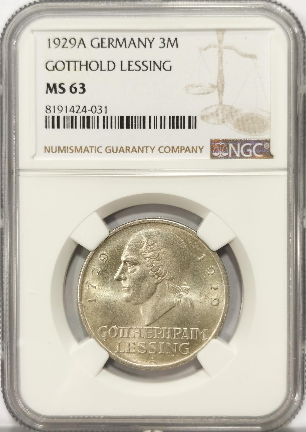 博洋堂世界钱币拍卖第082期（全场包邮） NGC MS63 德国魏玛共和国1929年莱辛3马克银币