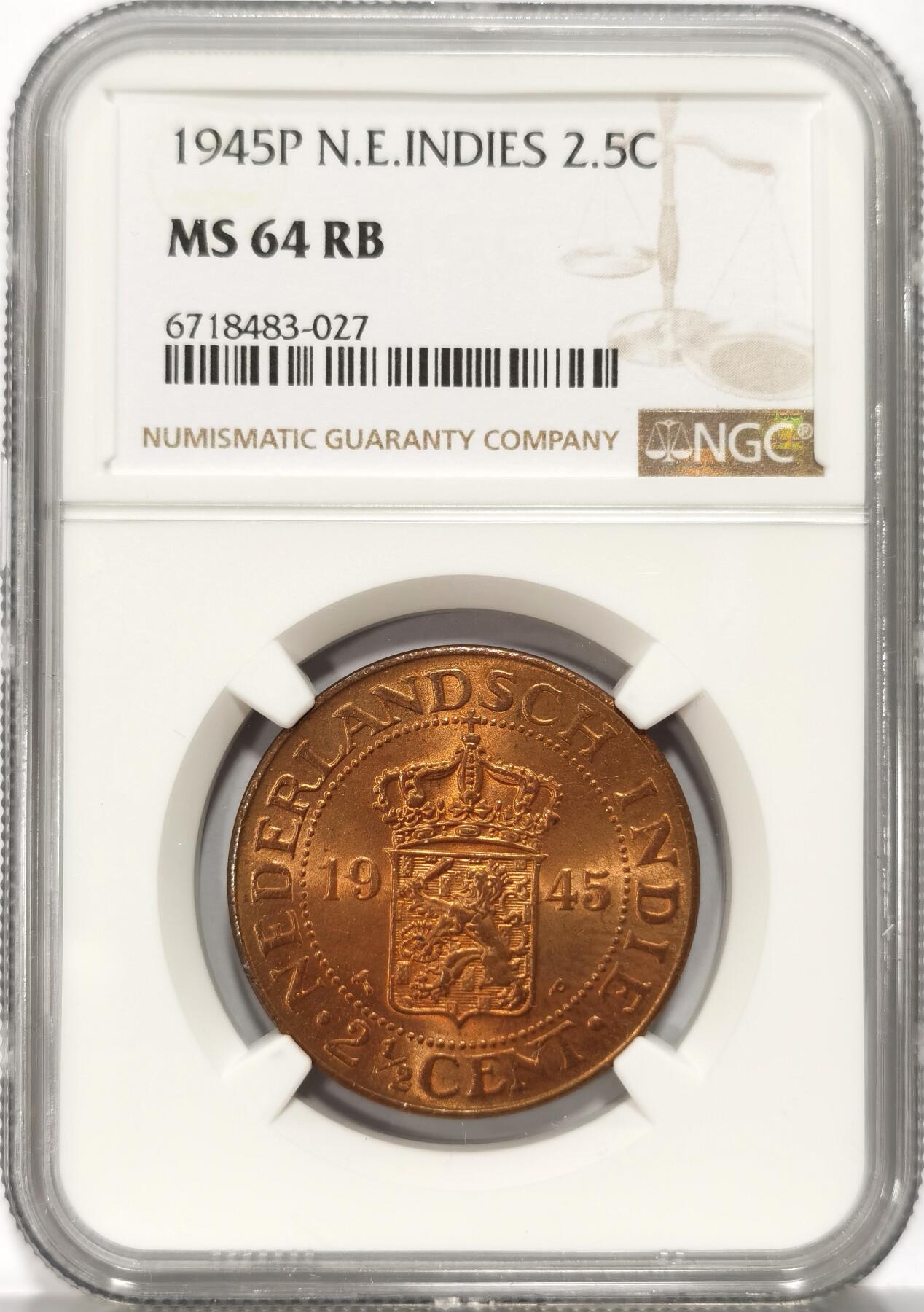 博洋堂世界钱币拍卖第082期（全场包邮） NGC MS64RB 荷属东印度1945年2.5分大铜币
