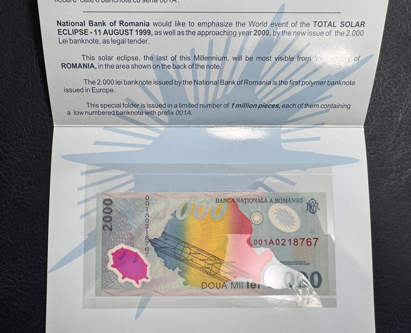收藏联盟Quantum Auction 第355期拍卖  罗马尼亚1999年2000列伊日全食纪念钞首发冠纪念册 品相全新UNC 号码无4