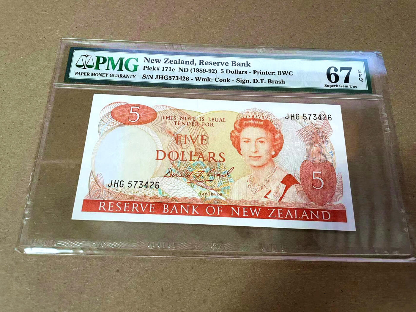 【Blue Auction】✨世界纸币精拍第495期【精】 【乱蛇号】新西兰 1989-92年5元 花冠女王 PMG67EPQ 高分 