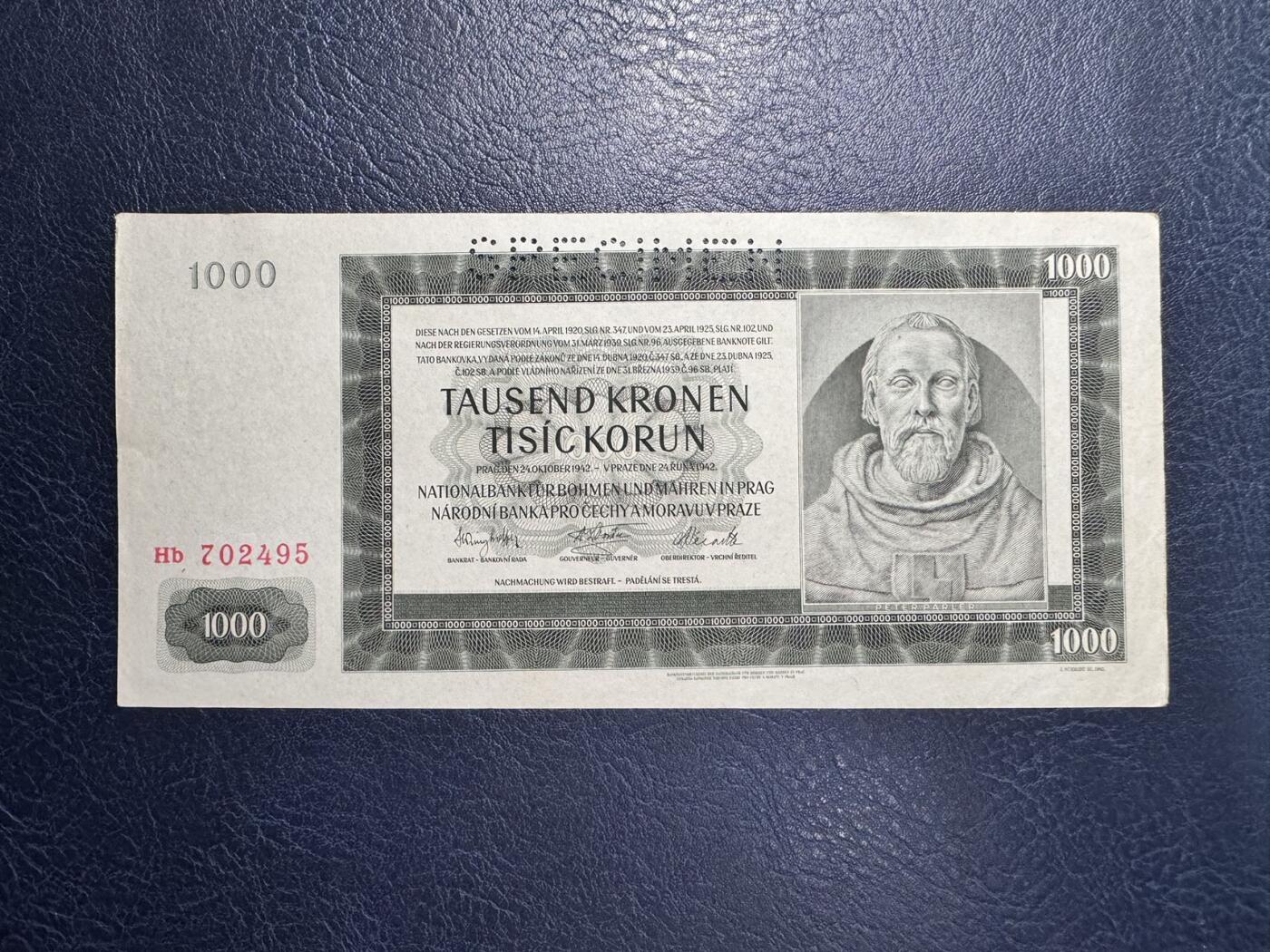 收藏联盟Quantum Auction 第355期拍卖  波西米亚和摩拉维亚1942年1000克朗样票 品相UNC- 细节如图